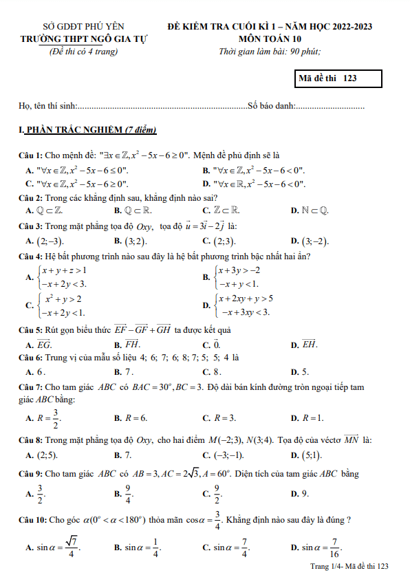 Đề học kì 1 (HK1) lớp 10 môn Toán năm 2022 2023 trường THPT Ngô Gia Tự Phú Yên