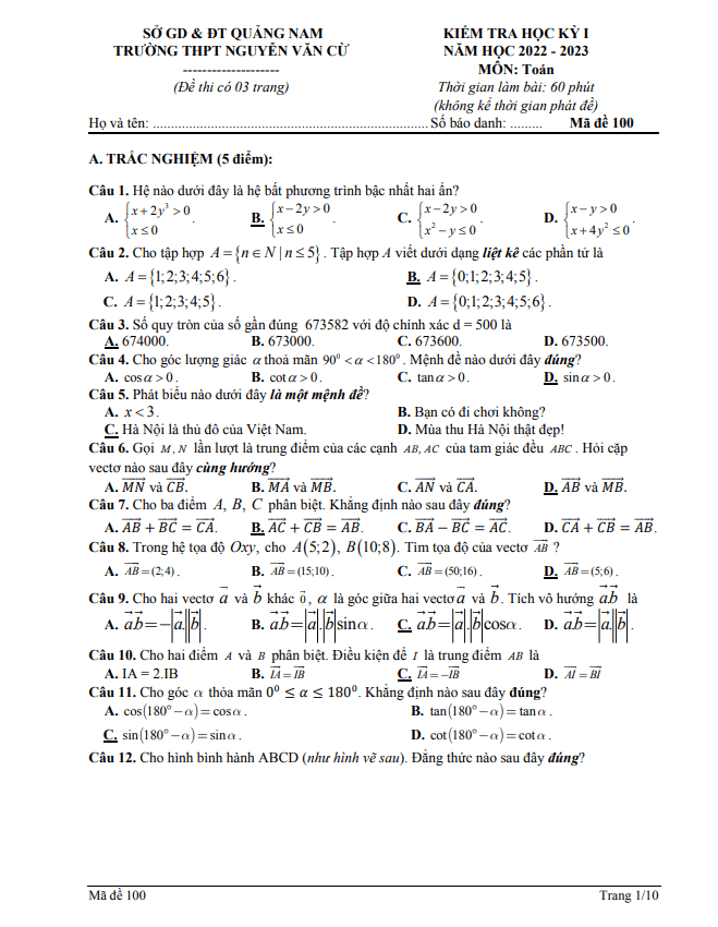 Đề học kì 1 (HK1) lớp 10 môn Toán năm 2022 2023 trường THPT Nguyễn Văn Cừ Quảng Nam