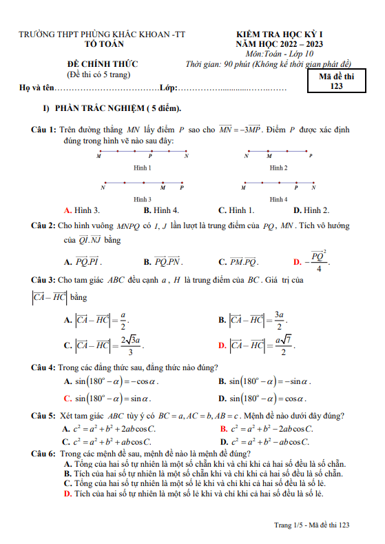 Đề học kì 1 (HK1) lớp 10 môn Toán năm 2022 2023 trường THPT Phùng Khắc Khoan Hà Nội