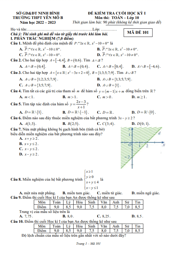 Đề học kì 1 (HK1) lớp 10 môn Toán năm 2022 2023 trường THPT Yên Mô B Ninh Bình