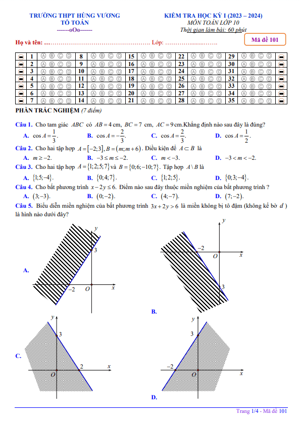Đề học kì 1 (HK1) lớp 10 môn Toán năm 2023 2024 trường THPT Hùng Vương Bình Thuận