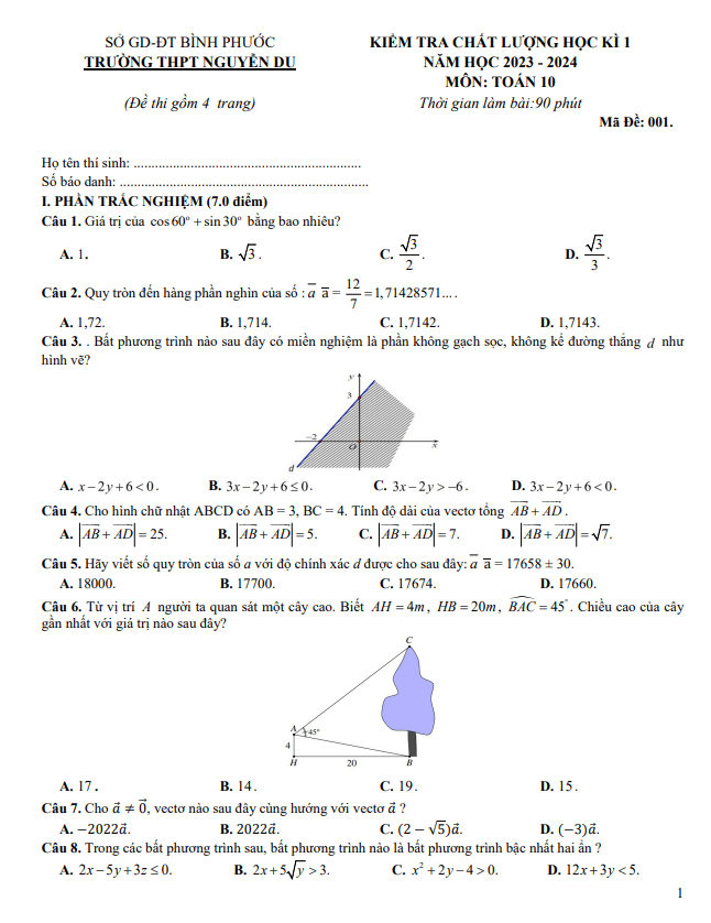 Đề học kì 1 (HK1) lớp 10 môn Toán năm 2023 2024 trường THPT Nguyễn Du Bình Phước