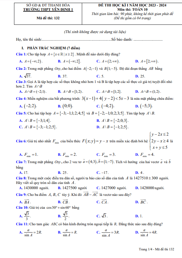 Đề học kì 1 (HK1) lớp 10 môn Toán năm 2023 2024 trường THPT Yên Định 1 Thanh Hóa