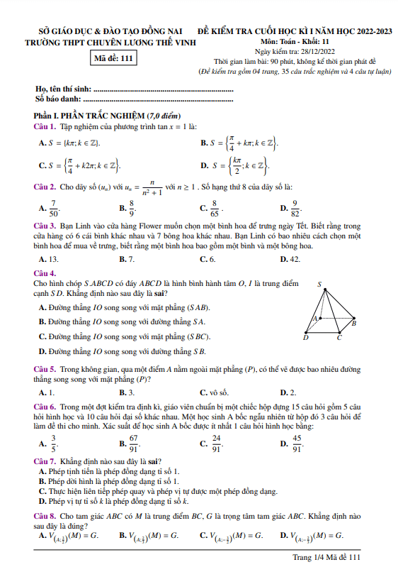 Đề học kì 1 (HK1) lớp 11 môn Toán năm 2022 2023 trường chuyên Lương Thế Vinh Đồng Nai