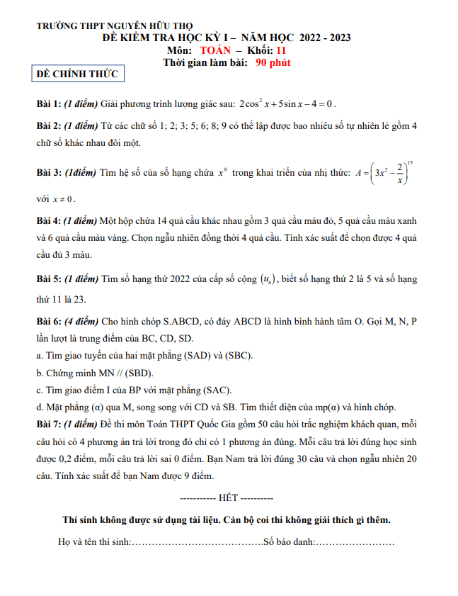 Đề học kì 1 (HK1) lớp 11 môn Toán năm 2022 2023 trường THPT Nguyễn Hữu Thọ TP HCM