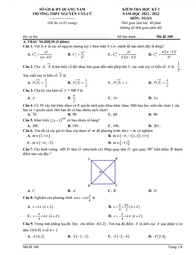 Đề học kì 1 (HK1) lớp 11 môn Toán năm 2022 2023 trường THPT Nguyễn Văn Cừ Quảng Nam
