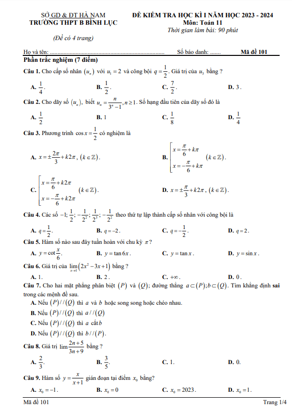 Đề học kì 1 (HK1) lớp 11 môn Toán năm 2023 2024 trường THPT B Bình Lục Hà Nam