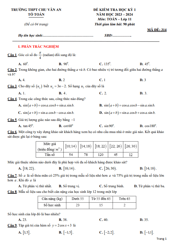 Đề học kì 1 (HK1) lớp 11 môn Toán năm 2023 2024 trường THPT Chu Văn An An Giang