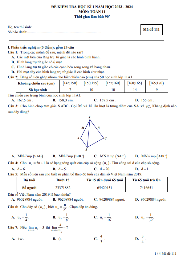 Đề học kì 1 (HK1) lớp 11 môn Toán năm 2023 2024 trường THPT Thạch Bàn Hà Nội
