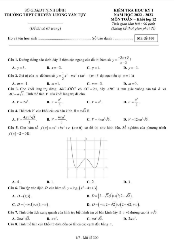 Đề học kì 1 (HK1) lớp 12 môn Toán năm 2022 2023 trường chuyên Lương Văn Tụy Ninh Bình