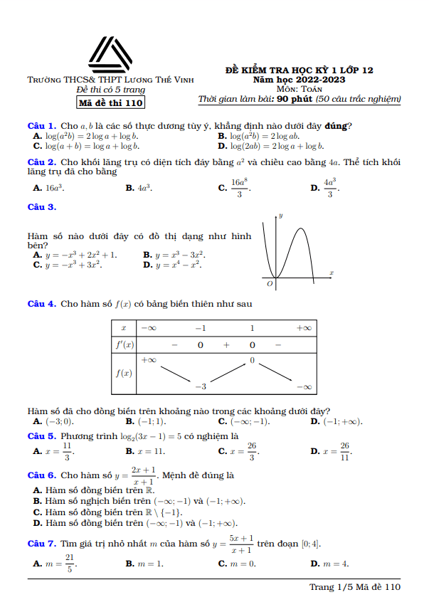 Đề học kì 1 (HK1) lớp 12 môn Toán năm 2022 2023 trường Lương Thế Vinh Hà Nội