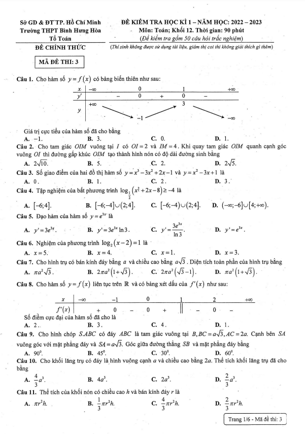 Đề học kì 1 (HK1) lớp 12 môn Toán năm 2022 2023 trường THPT Bình Hưng Hòa TP HCM