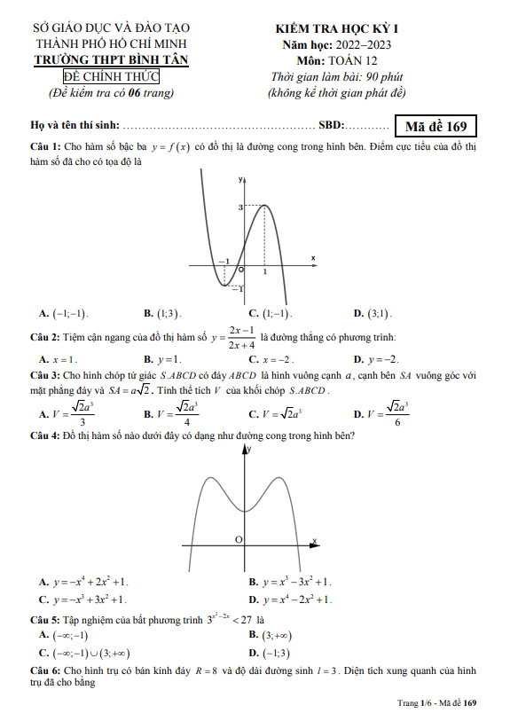 Đề học kì 1 (HK1) lớp 12 môn Toán năm 2022 2023 trường THPT Bình Tân TP HCM
