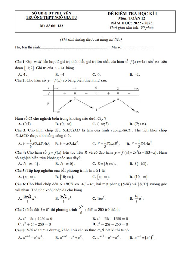 Đề học kì 1 (HK1) lớp 12 môn Toán năm 2022 2023 trường THPT Ngô Gia Tự Phú Yên