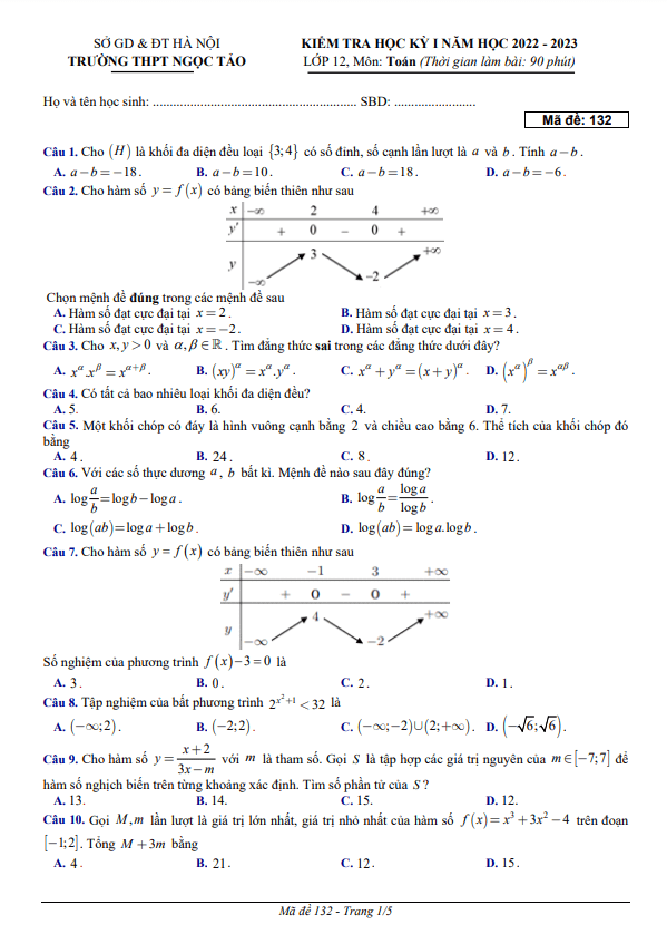 Đề học kì 1 (HK1) lớp 12 môn Toán năm 2022 2023 trường THPT Ngọc Tảo Hà Nội