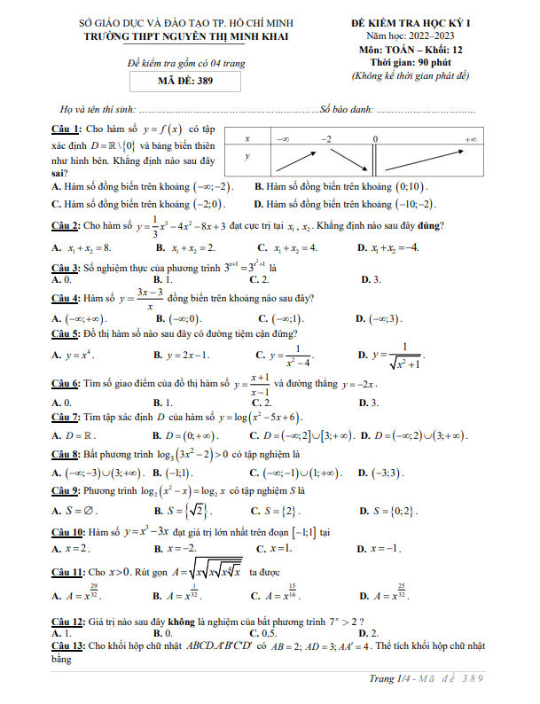 Đề học kì 1 (HK1) lớp 12 môn Toán năm 2022 2023 trường THPT Nguyễn Thị Minh Khai TP HCM