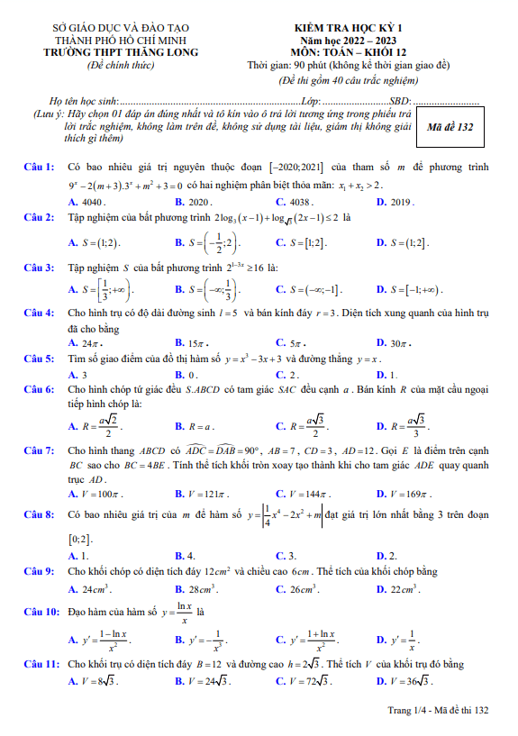 Đề học kì 1 (HK1) lớp 12 môn Toán năm 2022 2023 trường THPT Thăng Long TP HCM