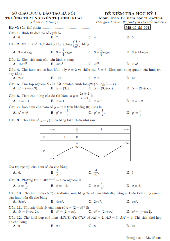 Đề học kì 1 (HK1) lớp 12 môn Toán năm 2023 2024 trường Nguyễn Thị Minh Khai Hà Nội