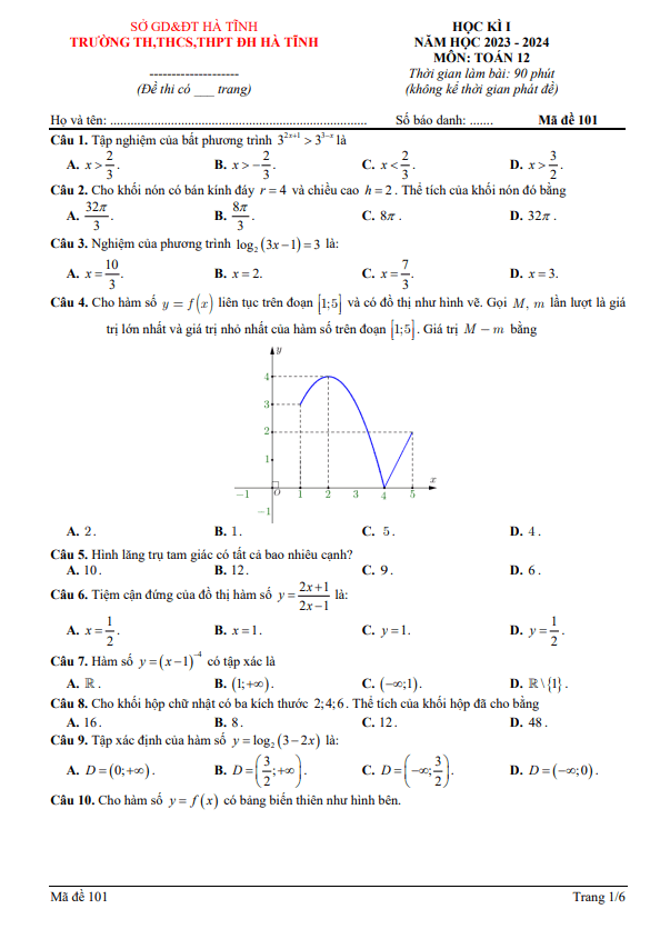 Đề học kì 1 (HK1) lớp 12 môn Toán năm 2023 2024 trường TH THCS THPT Đại học Hà Tĩnh