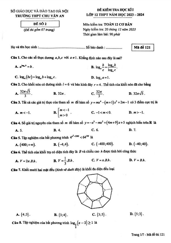 Đề học kì 1 (HK1) lớp 12 môn Toán năm 2023 2024 trường THPT Chu Văn An Hà Nội