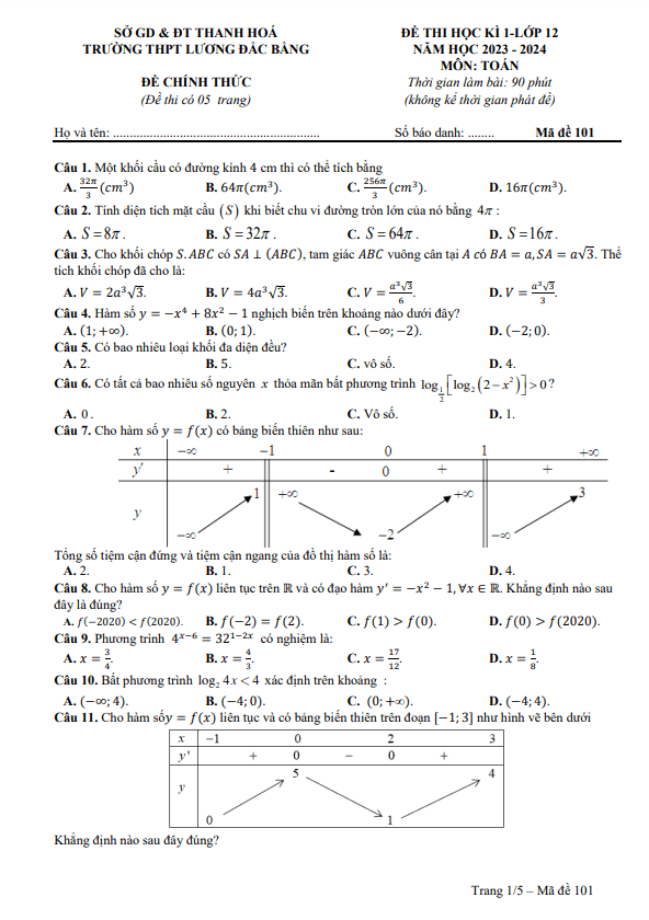 Đề học kì 1 (HK1) lớp 12 môn Toán năm 2023 2024 trường THPT Lương Đắc Bằng Thanh Hóa
