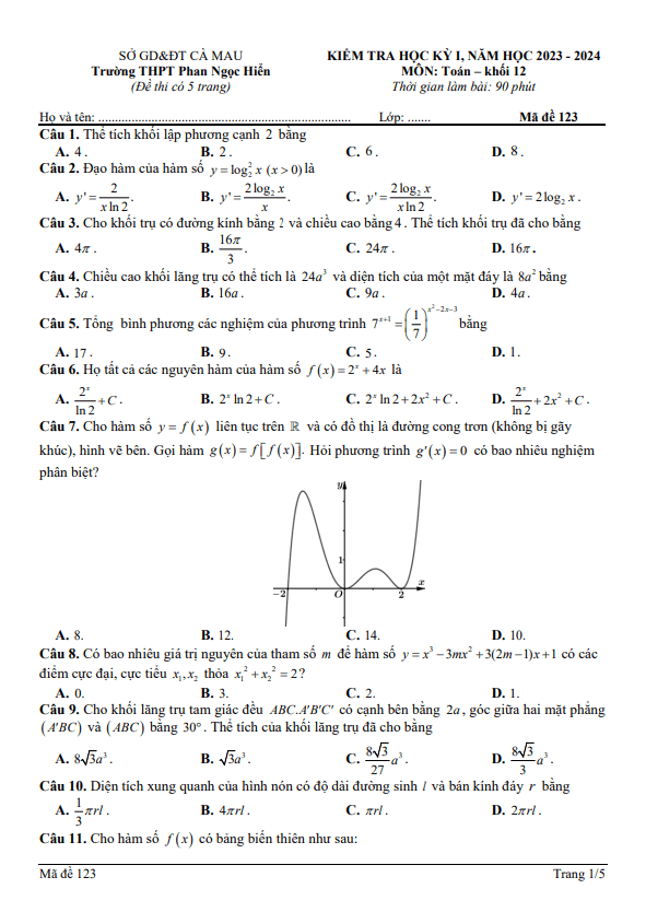 Đề học kì 1 (HK1) lớp 12 môn Toán năm 2023 2024 trường THPT Phan Ngọc Hiển Cà Mau