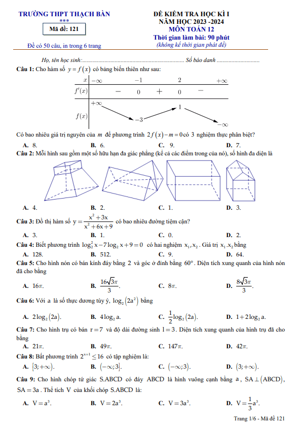 Đề học kì 1 (HK1) lớp 12 môn Toán năm 2023 2024 trường THPT Thạch Bàn Hà Nội