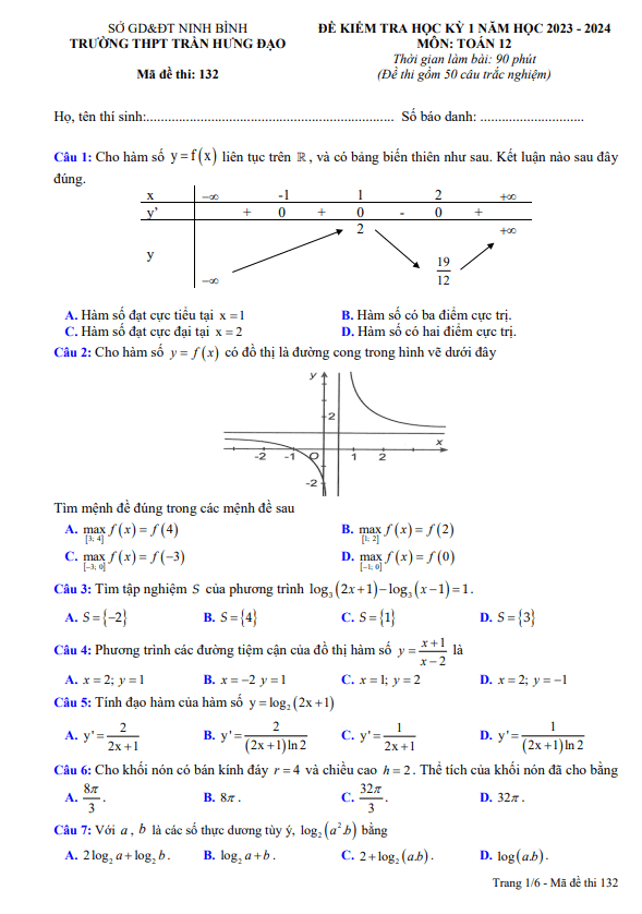Đề học kì 1 (HK1) lớp 12 môn Toán năm 2023 2024 trường THPT Trần Hưng Đạo Ninh Bình