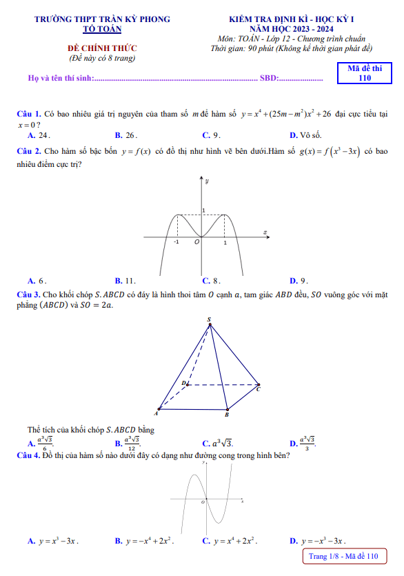 Đề học kì 1 (HK1) lớp 12 môn Toán năm 2023 2024 trường THPT Trần Kỳ Phong Quảng Ngãi