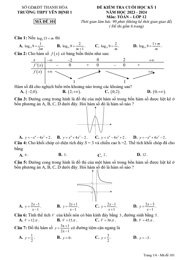 Đề học kì 1 (HK1) lớp 12 môn Toán năm 2023 2024 trường THPT Yên Định 1 Thanh Hóa