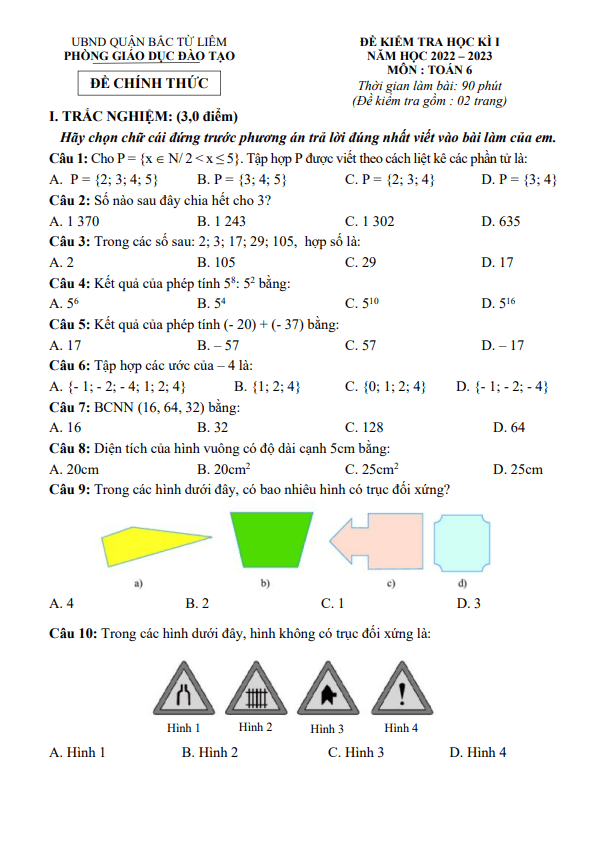 Đề học kì 1 (HK1) lớp 6 môn Toán năm 2022 2023 phòng GD ĐT Bắc Từ Liêm Hà Nội