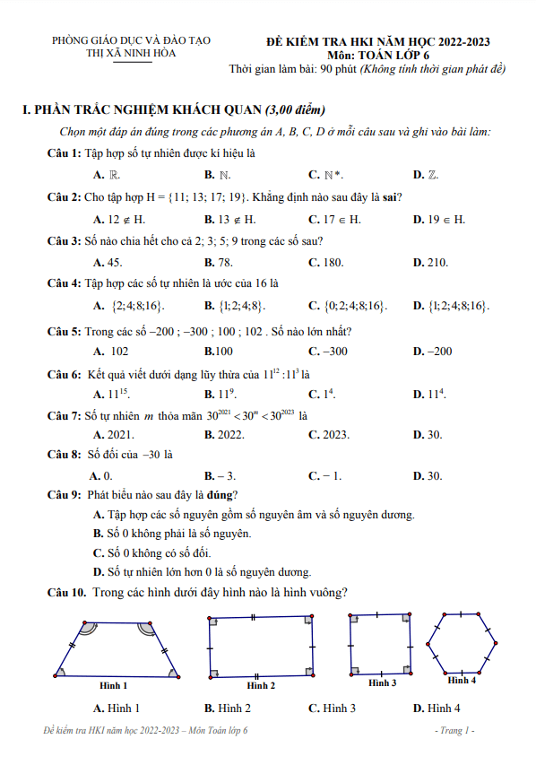 Đề học kì 1 (HK1) lớp 6 môn Toán năm 2022 2023 phòng GD ĐT Ninh Hòa Khánh Hòa