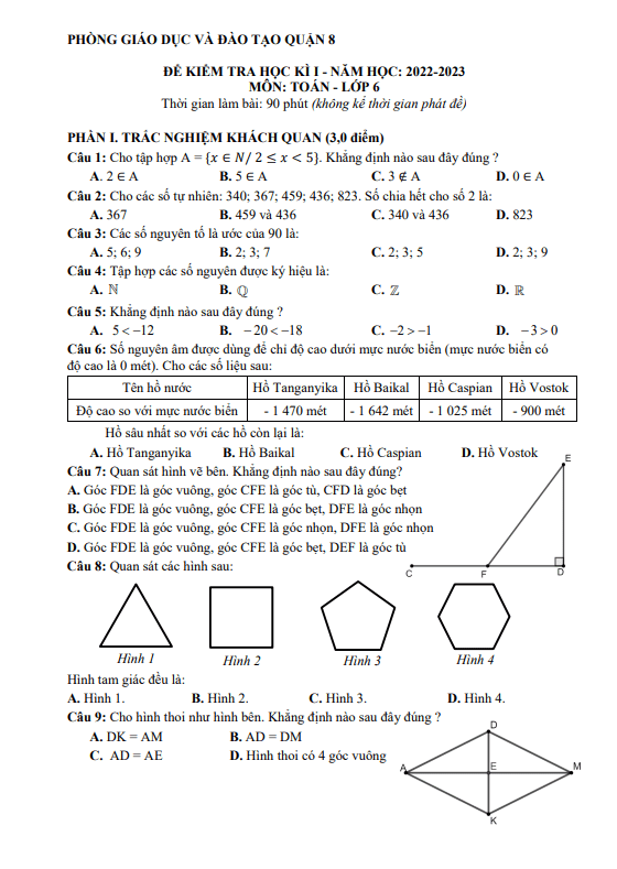Đề học kì 1 (HK1) lớp 6 môn Toán năm 2022 2023 phòng GD ĐT quận 8 TP HCM