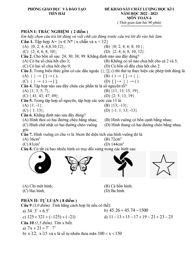 Đề học kì 1 (HK1) lớp 6 môn Toán năm 2022 2023 phòng GD ĐT Tiền Hải Thái Bình