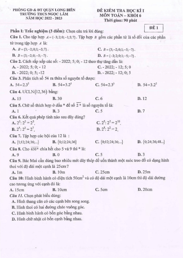 Đề học kì 1 (HK1) lớp 6 môn Toán năm 2022 2023 trường THCS Ngọc Lâm Hà Nội