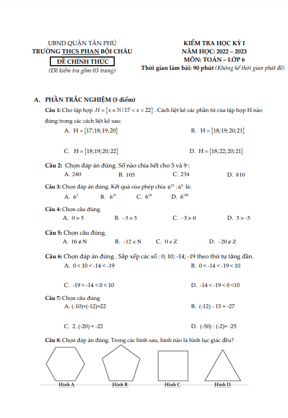 Đề học kì 1 (HK1) lớp 6 môn Toán năm 2022 2023 trường THCS Phan Bội Châu TP HCM