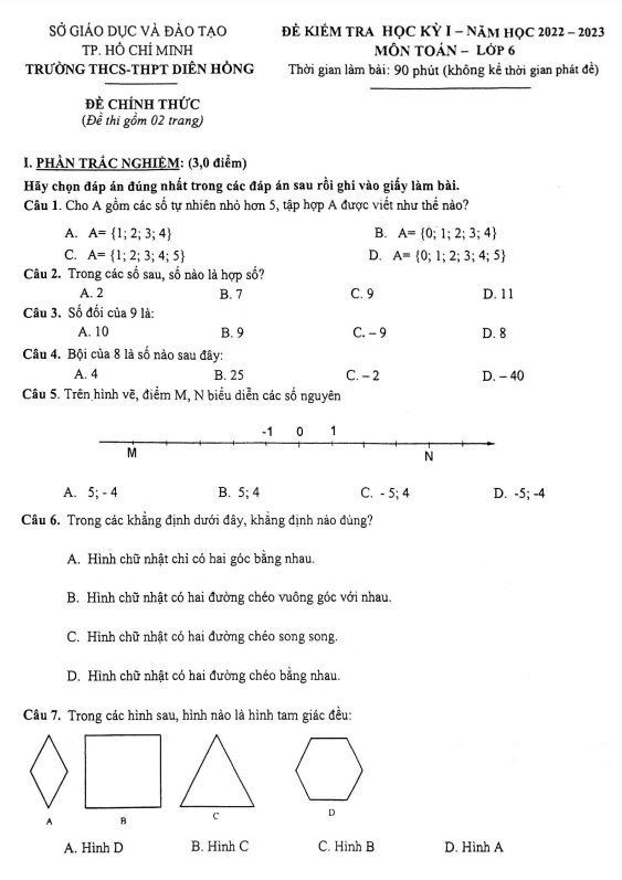 Đề học kì 1 (HK1) lớp 6 môn Toán năm 2022 2023 trường THCS THPT Diên Hồng TP HCM
