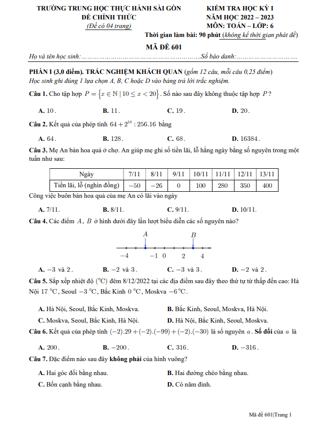 Đề học kì 1 (HK1) lớp 6 môn Toán năm 2022 2023 trường Thực hành Sài Gòn TP HCM