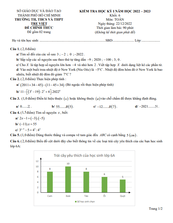 Đề học kì 1 (HK1) lớp 6 môn Toán năm 2022 2023 trường Tre Việt TP HCM