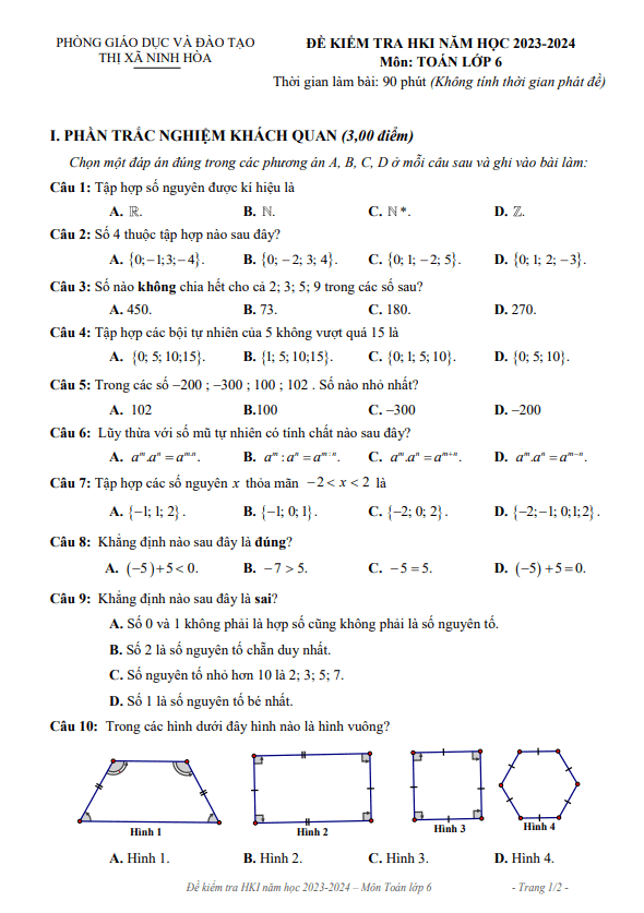 Đề học kì 1 (HK1) lớp 6 môn Toán năm 2023 2024 phòng GD ĐT Ninh Hòa Khánh Hòa
