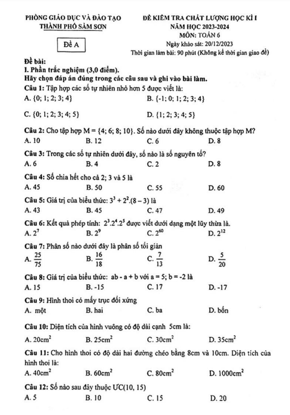Đề học kì 1 (HK1) lớp 6 môn Toán năm 2023 2024 phòng GD ĐT Sầm Sơn Thanh Hóa