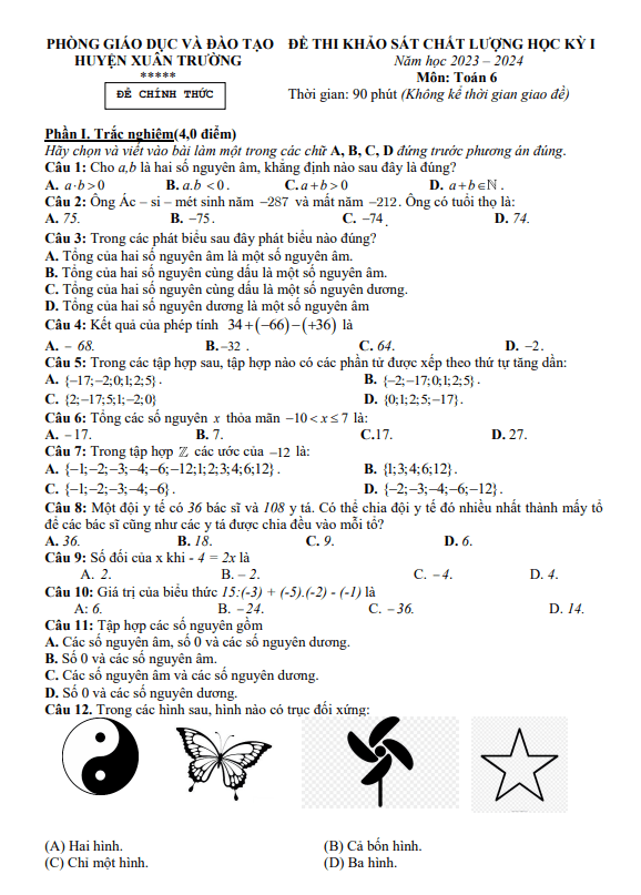 Đề học kì 1 (HK1) lớp 6 môn Toán năm 2023 2024 phòng GD ĐT Xuân Trường Nam Định