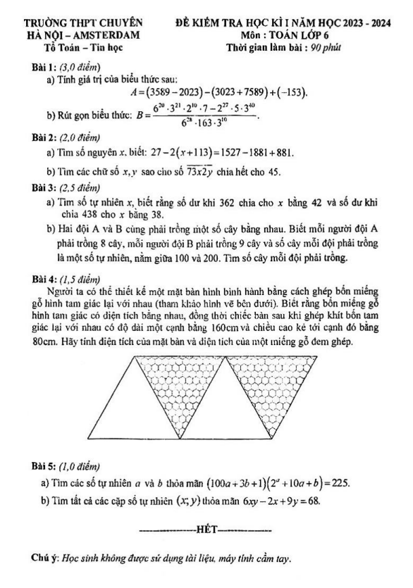 Đề học kì 1 (HK1) lớp 6 môn Toán năm 2023 2024 trường THPT chuyên Hà Nội Amsterdam