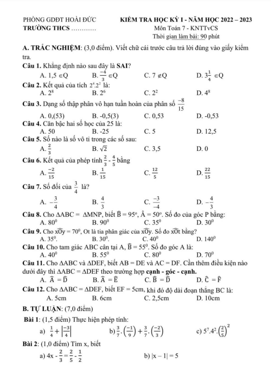 Đề học kì 1 (HK1) lớp 7 môn Toán KNTTvCS năm 2022 2023 phòng GD ĐT Hoài Đức Hà Nội