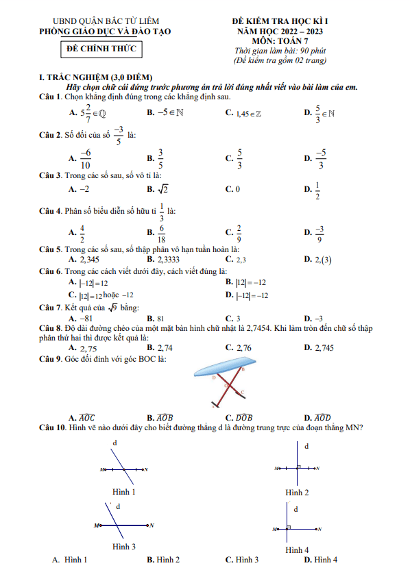 Đề học kì 1 (HK1) lớp 7 môn Toán năm 2022 2023 phòng GD ĐT Bắc Từ Liêm Hà Nội