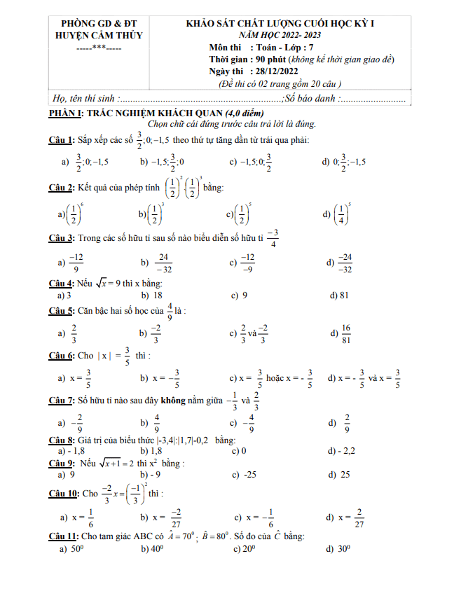 Đề học kì 1 (HK1) lớp 7 môn Toán năm 2022 2023 phòng GD ĐT Cẩm Thủy Thanh Hoá
