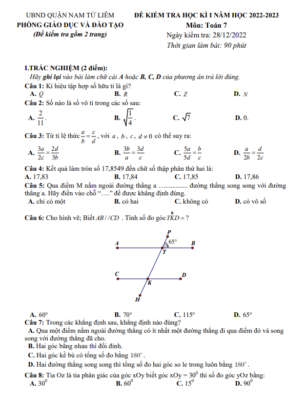 Đề học kì 1 (HK1) lớp 7 môn Toán năm 2022 2023 phòng GD ĐT Nam Từ Liêm Hà Nội