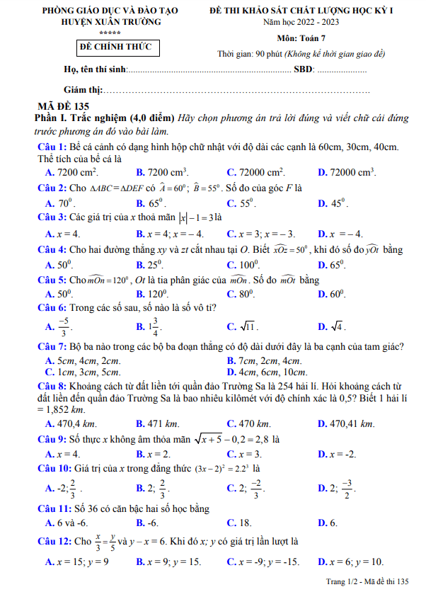 Đề học kì 1 (HK1) lớp 7 môn Toán năm 2022 2023 phòng GD ĐT Xuân Trường Nam Định