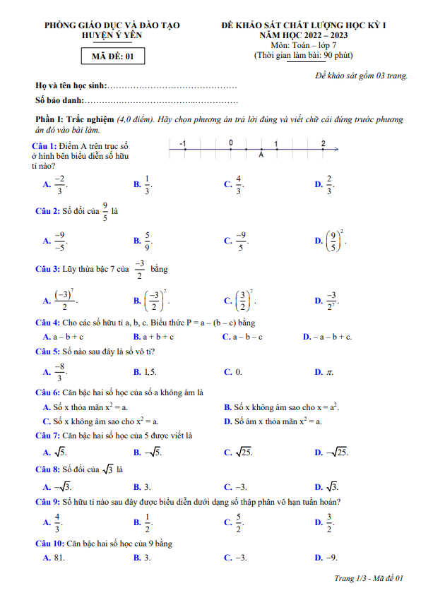Đề học kì 1 (HK1) lớp 7 môn Toán năm 2022 2023 phòng GD ĐT Ý Yên Nam Định