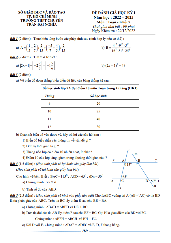 Đề học kì 1 (HK1) lớp 7 môn Toán năm 2022 2023 trường chuyên Trần Đại Nghĩa TP HCM